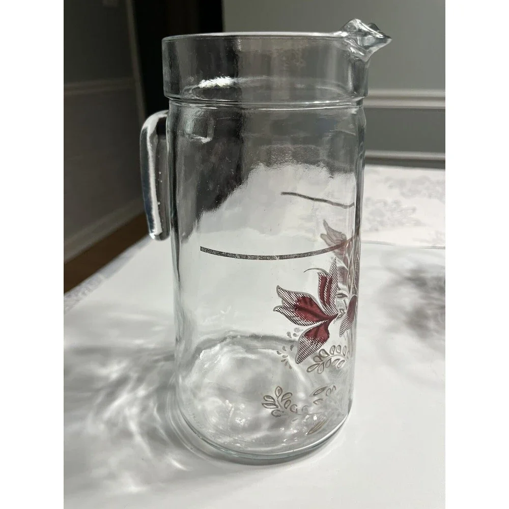 6pc Vtg Floral Glass Water Juice Pitcher w 10oz Drinking Tumblers Glasses Italy